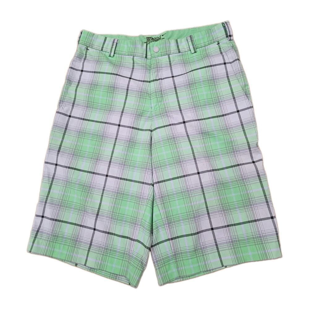 Nike Golf Shorts Mens 30 Green Plaid Striped Dri-Fit Tour Performance Tech Blend
